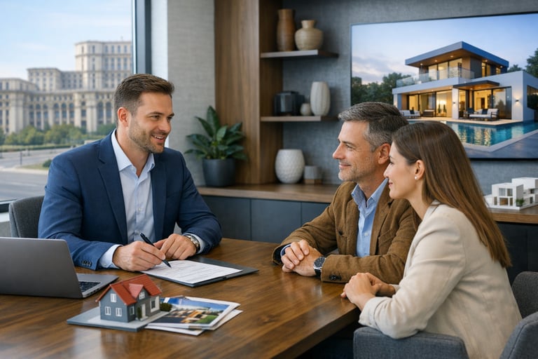 Professional realtor consultation in modern Romanian office Professional realtor consultation in modern Romanian office