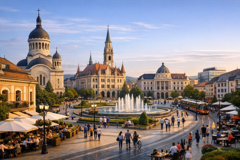 Clean modern Romanian cityscape with welcoming atmosphere Clean modern Romanian cityscape with welcoming atmosphere